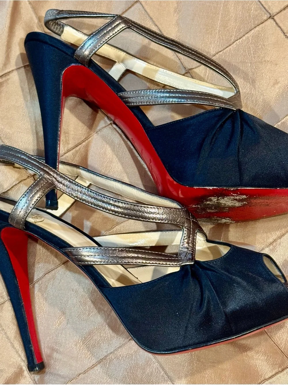 Christian Louboutin Black and Bronze Peep-Toe Slingback Heels